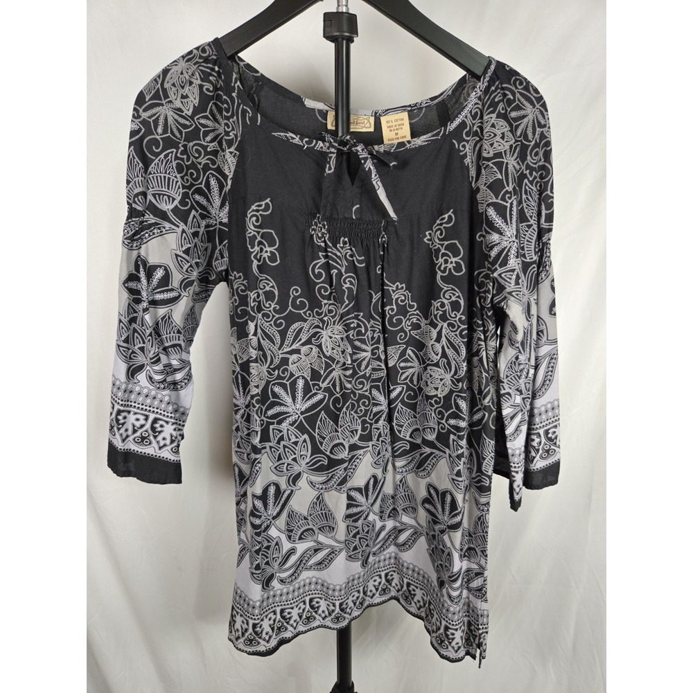 Black White Boho Floral‎ Border Print Peasant Top Sz M Cottagecore 100% Cotton